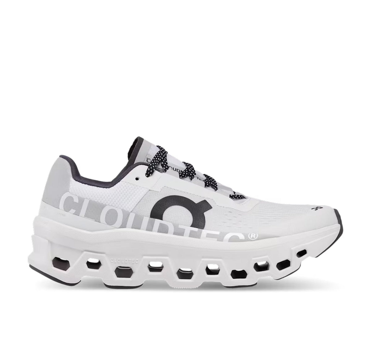 On Women Cloudmonster All White Running Shoes product image 1, provided for visual reference and product detail review
