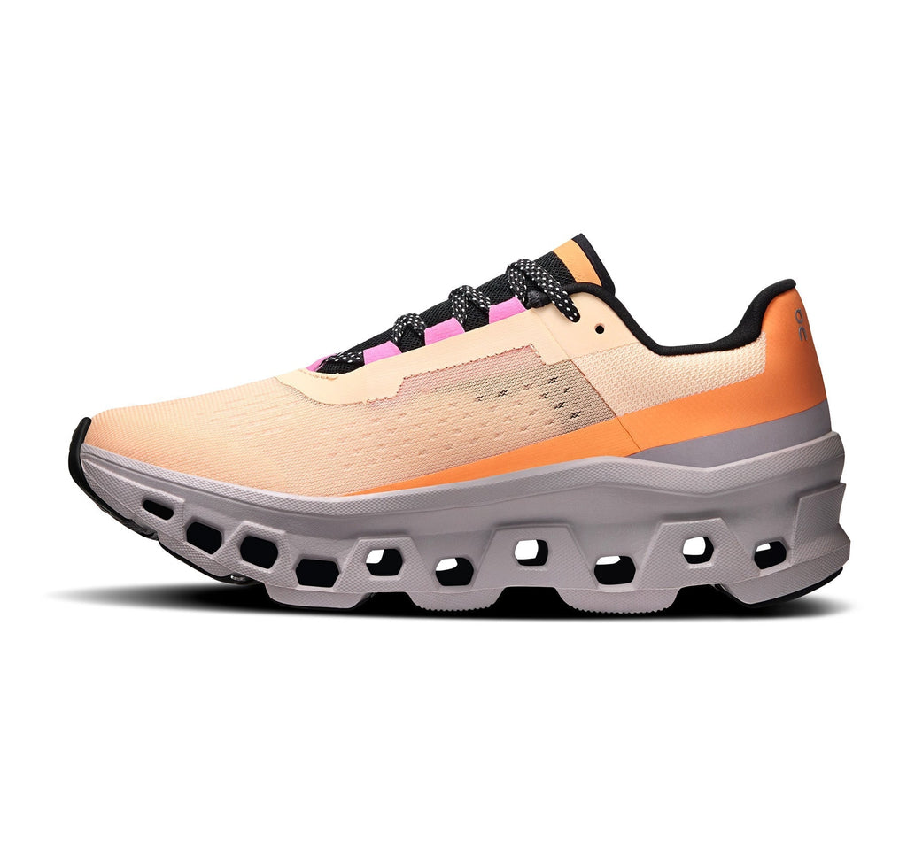 On Women Cloudmonster Orange/Grey Running Shoes product image 4, provided for visual reference and product detail review