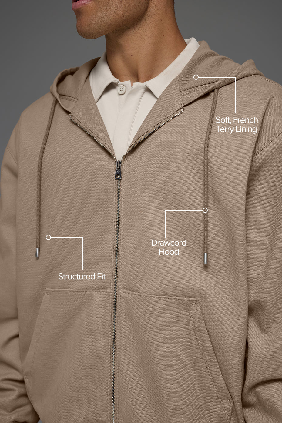 Cotton Canvas Full Zip Hoodie - Gravel product image 2, provided for visual reference and product detail review