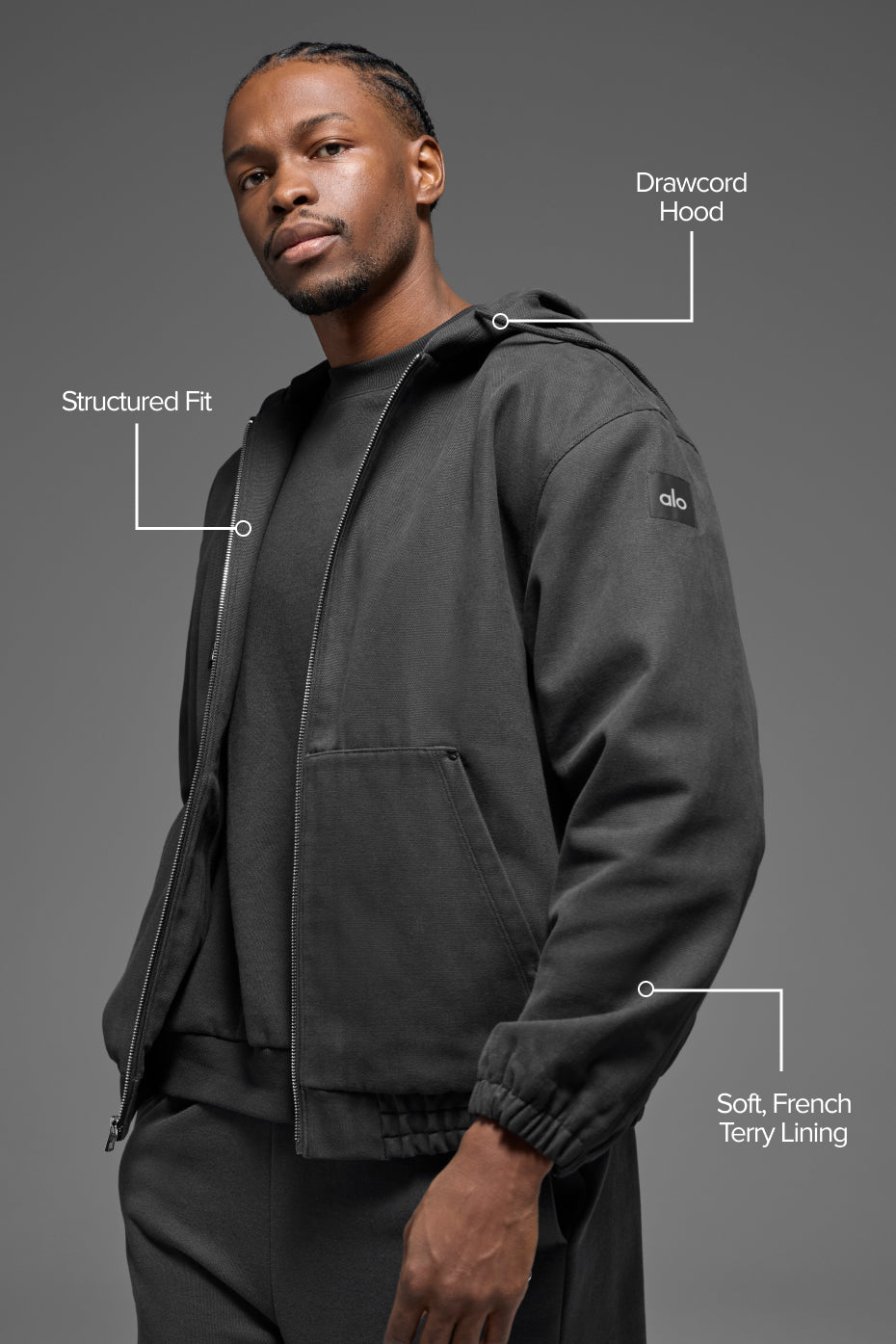 Cotton Canvas Full Zip Hoodie - Anthracite product image 2, provided for visual reference and product detail review