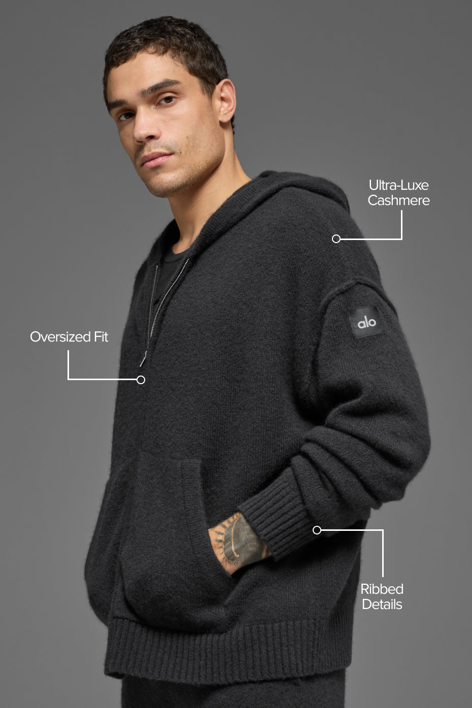 Wool Cashmere New Class Full Zip Hoodie - Black product image 2, provided for visual reference and product detail review