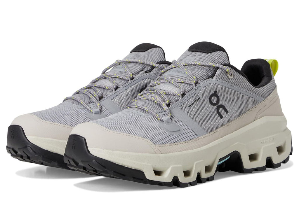 On Cloudrock Low Waterproof Gray Beige Hiking Shoes product image 2, provided for visual reference and product detail review