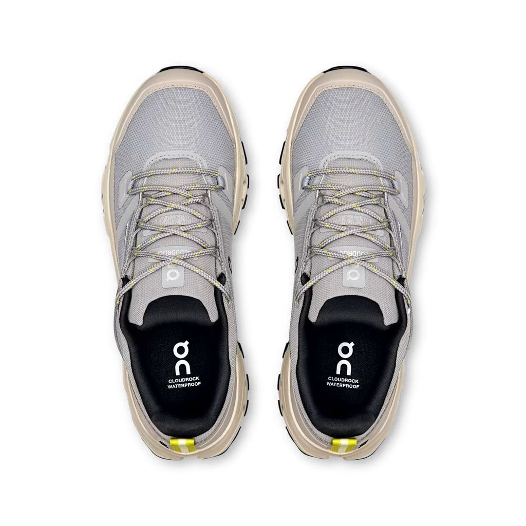 On Cloudrock Low Waterproof Gray Beige Hiking Shoes product image 1, provided for visual reference and product detail review