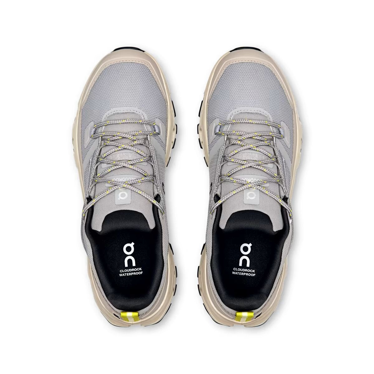 On Cloudrock Low Waterproof Gray Beige Hiking Shoes product image 1, provided for visual reference and product detail review