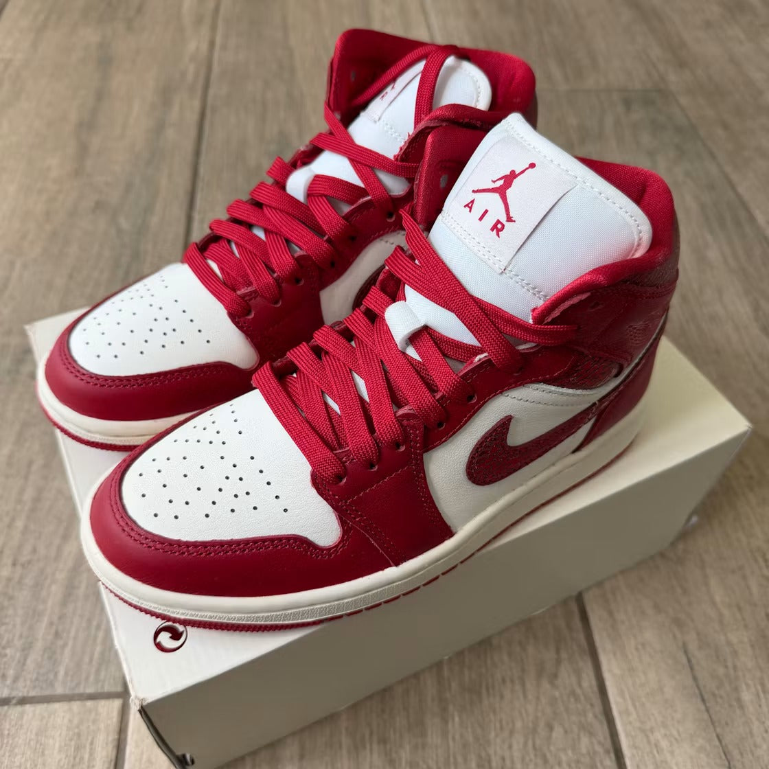 Air Jordan 1 Mid SE Red Cracked Leather (Women) product image 2, provided for visual reference and product detail review