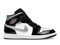 Air Jordan 1 Mid SE Patent Black White Metallic Silver Metallic Gold product image 1, provided for visual reference and