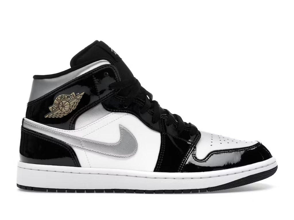 Air Jordan 1 Mid SE Patent Black White Metallic Silver Metallic Gold product image 1, provided for visual reference and