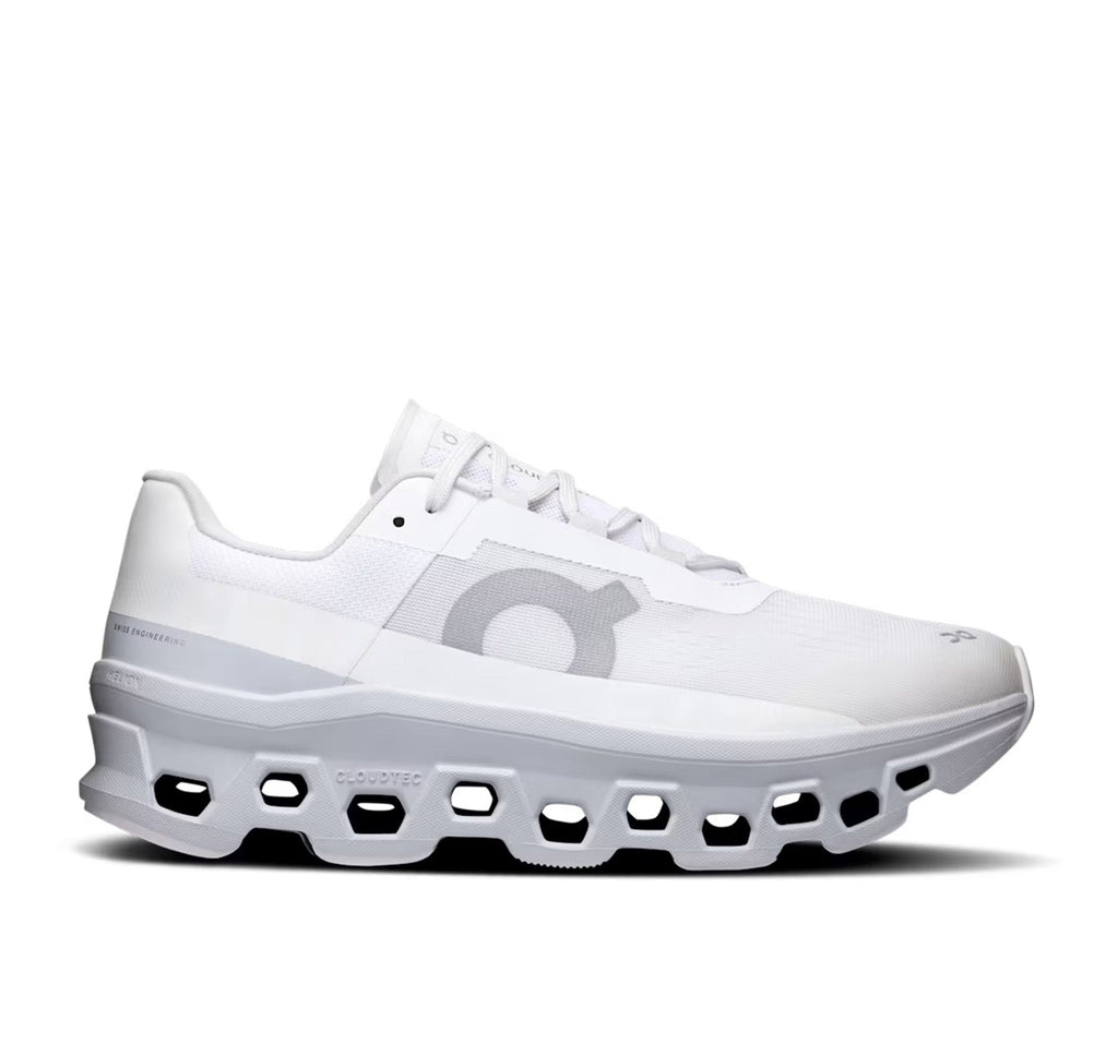 On Men Cloudmonster White/Glacier Running Shoes product image 1, provided for visual reference and product detail review