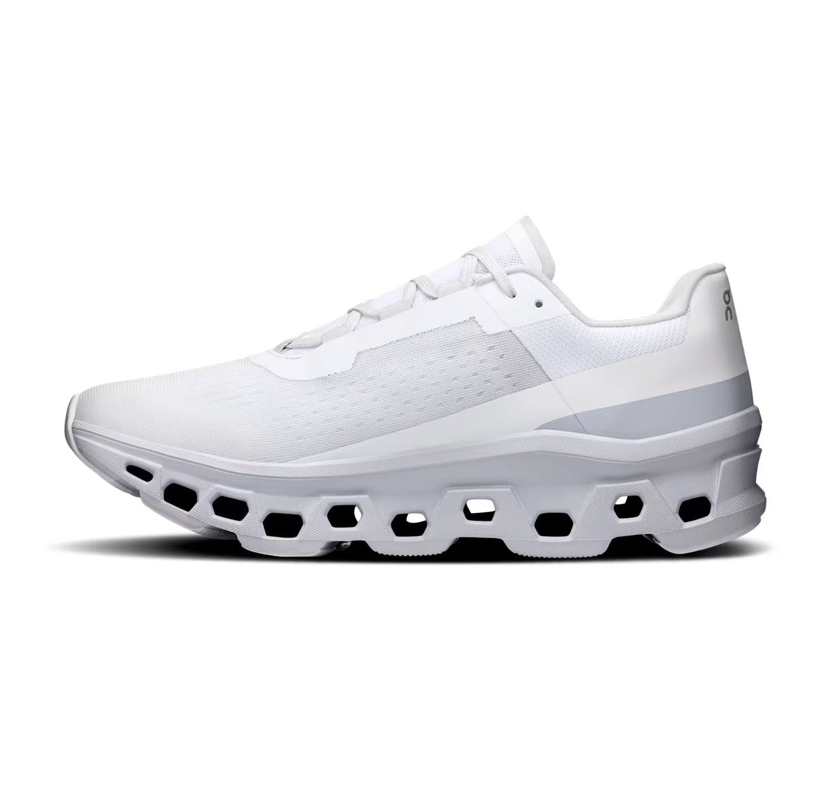 On Men Cloudmonster White/Glacier Running Shoes product image 4, provided for visual reference and product detail review